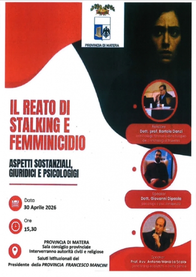 Stalking e femminicidio, il 30 aprile a Matera un convegno promosso dall’Ente Provincia