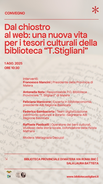 Convegno - Dal chiostro al web: una nuova vita per i tesori culturali della Biblioteca &quot;T. Stigliani&quot;