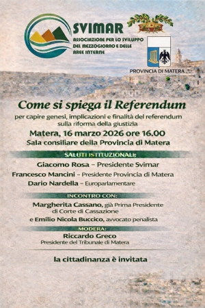 Il Referendum sulla riforma della giustizia al centro di un incontro pubblico promosso da Provincia di Matera e SVIMAR, in programma lunedì 16 marzo nella sala consiliare di via Ridola