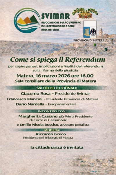 Il Referendum sulla riforma della giustizia al centro di un incontro pubblico promosso da Provincia di Matera e SVIMAR, in programma lunedì 16 marzo nella sala consiliare di via Ridola