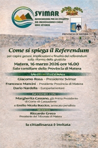 Il Referendum sulla riforma della giustizia al centro di un incontro pubblico promosso da Provincia di Matera e SVIMAR, in programma lunedì 16 marzo nella sala consiliare di via Ridola